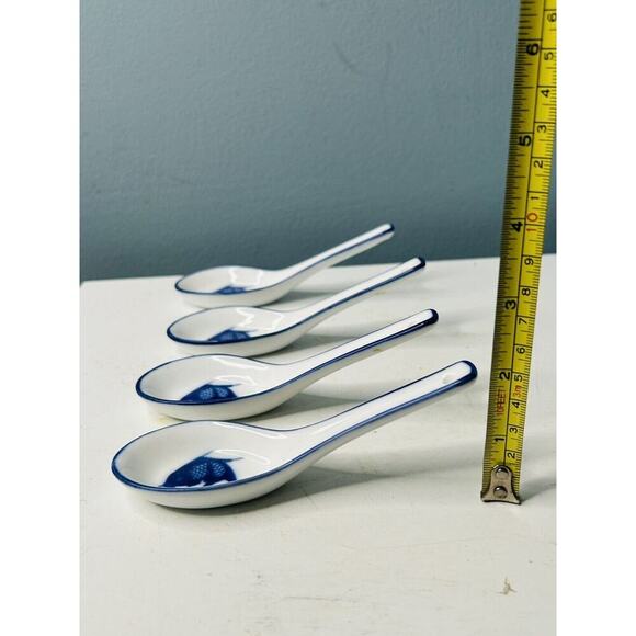4 Misty Rose Koi Fish Soup Spoons Ladles Porcelain Blue Super White China Fish - Picture 3 of 5